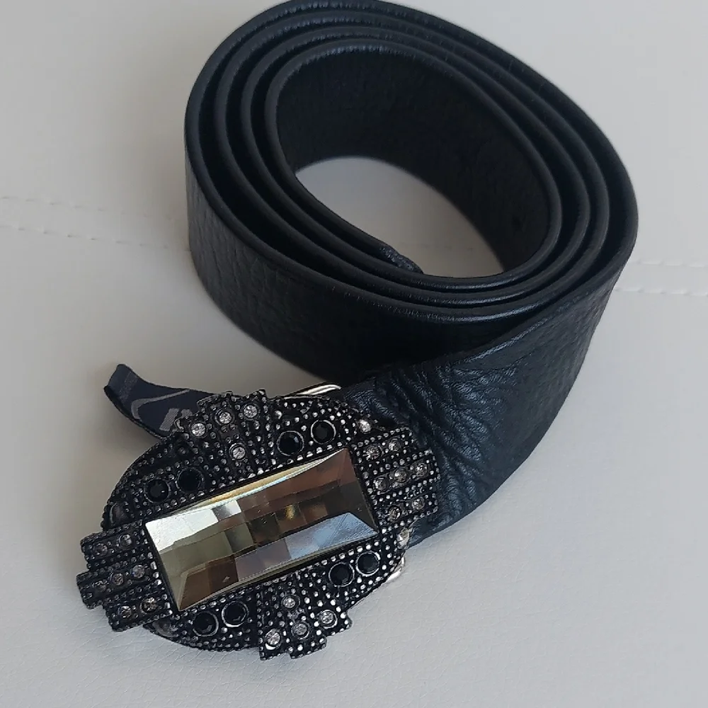 BRAVE, Black Leather Belt with Stones Buckle - Picture 1 of 6